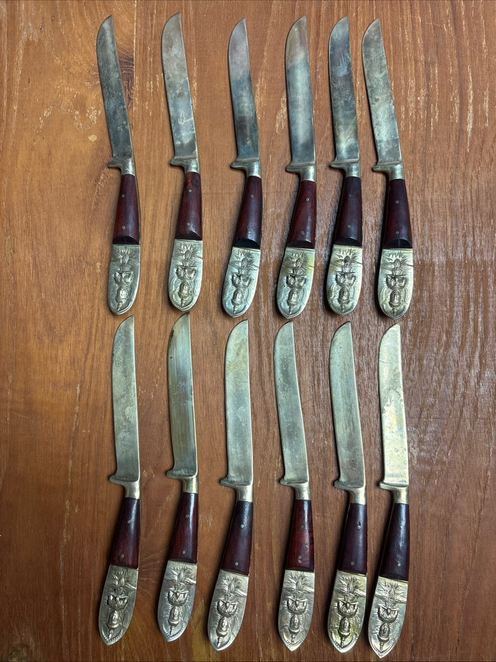 Vintage Siam Thailand Knives Steak Dinner 12 Pieces Silverware Brass Wood Handle